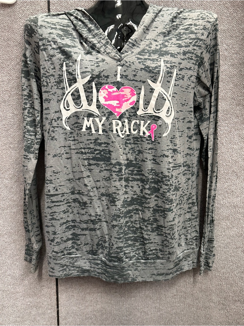 Next Level Apparel Gray Camo Hoodie with Pink Heart Graphic - Picture 1 of 3